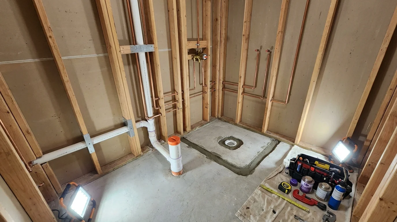 Bathroom rough-in plumbing during remodel by Johns Plumbing LLC in Conway