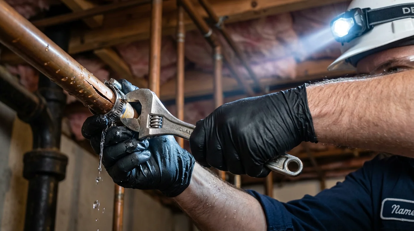 Emergency pipe clamp repair being performed by a Johns Plumbing LLC plumber in Conway