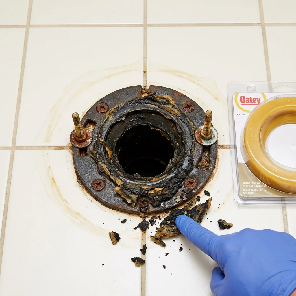 Failed wax ring showing water seepage at the base of a toilet in a Conway, PA home