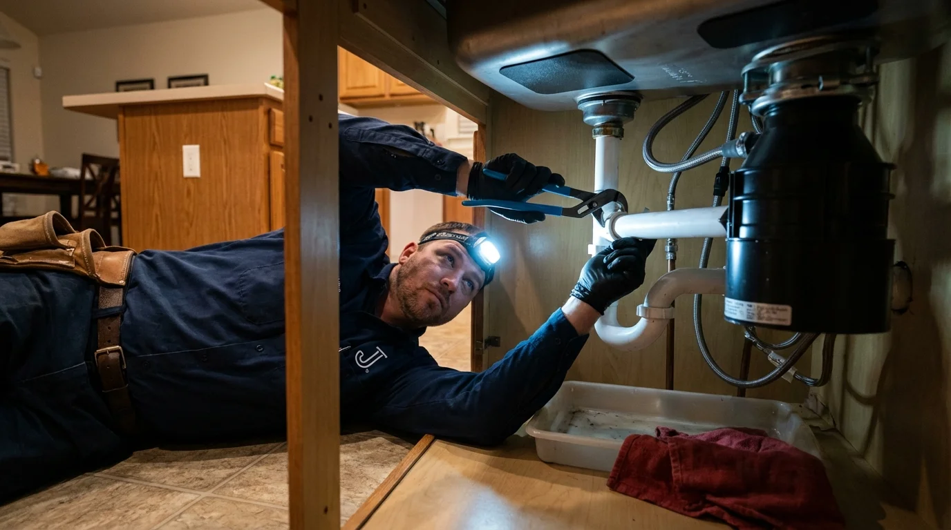 P-trap and supply line connections under a kitchen sink showing a common leak point in Conway, PA